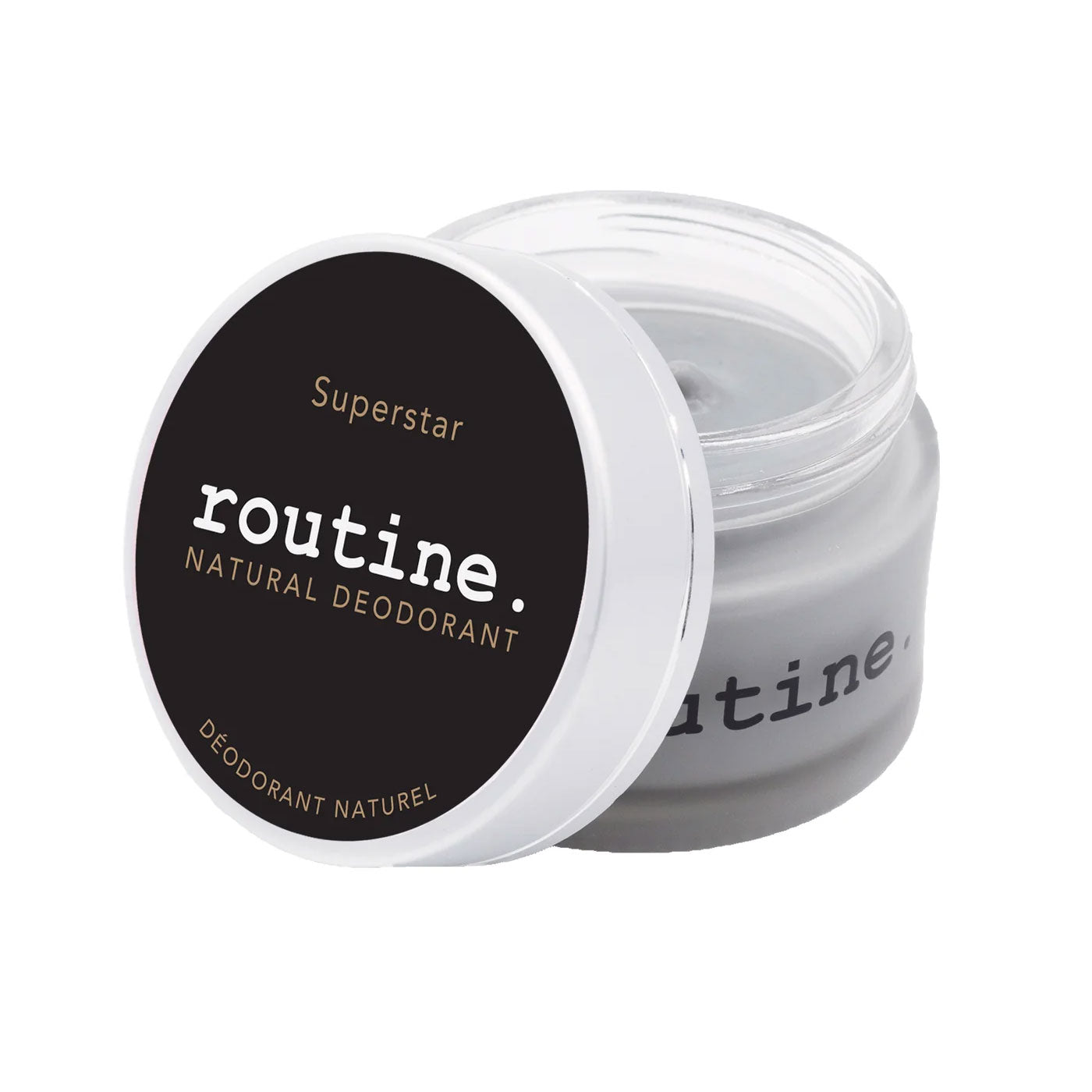 r
routine Superstar deodorant jar opened showing dark grey cream texture - activated charcoal and prebiotic formula with warm tonka sage scent for sensitive skin