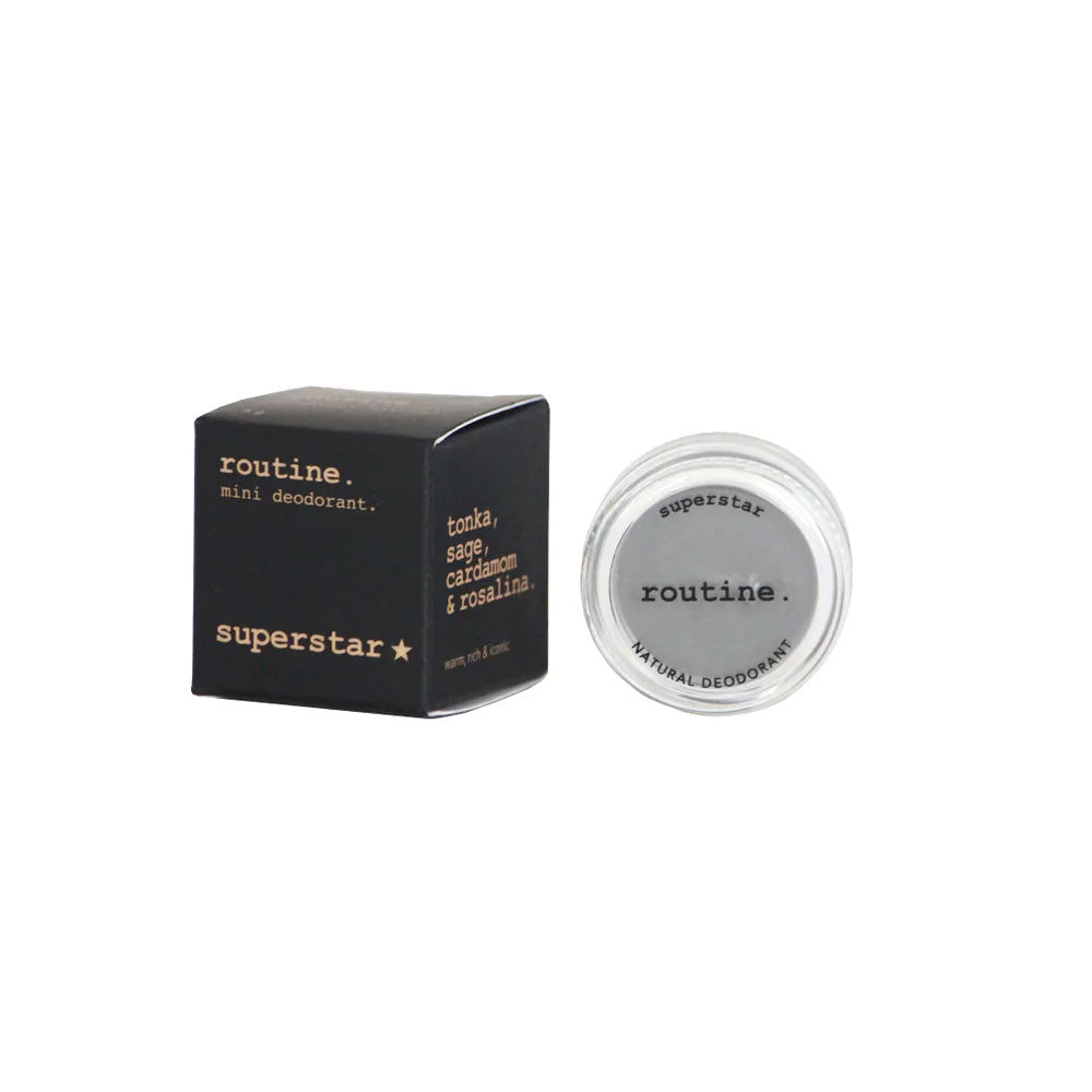 Routine Superstar mini deodorant with opened jar displaying "superstar" and "routine NATURAL DEODORANT" text on white lid showing premium cult-favourite formula