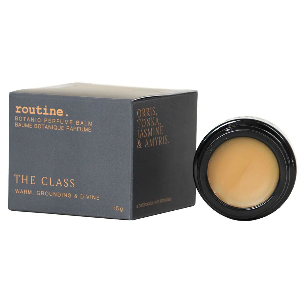 Routine The Class solid perfume - grey packaging box with warm scent description and black jar showing smooth balm texture