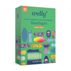 Welly Flex Fabric & Waterproof Bandages — Family Refill Pack with 10 Patterns & 6 Sizes (80 Count)