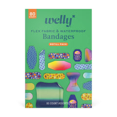 Welly Flex Fabric & Waterproof Bandages — Family Refill Pack with 10 Patterns & 6 Sizes (80 Count)