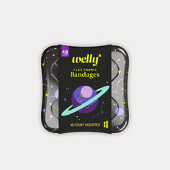 Welly Space flex fabric bandages tin in black with purple ringed planet design, yellow stars, white constellations, and 48 count badge on grey background