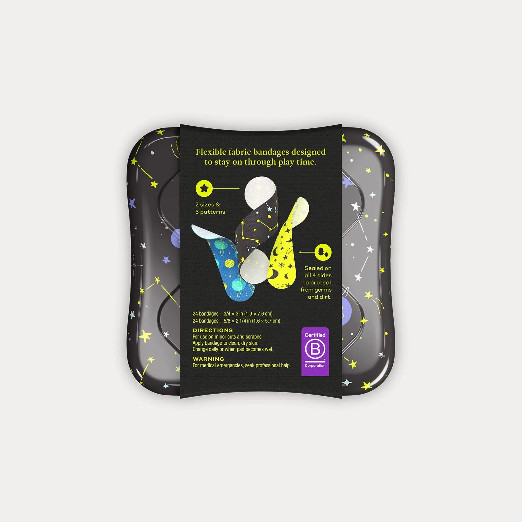Back of Welly Space bandages tin showing three sample bandages in black star pattern, blue planet pattern, and yellow moon pattern with product details and B Corp certification badge