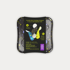 Back of Welly Space bandages tin showing three sample bandages in black star pattern, blue planet pattern, and yellow moon pattern with product details and B Corp certification badge