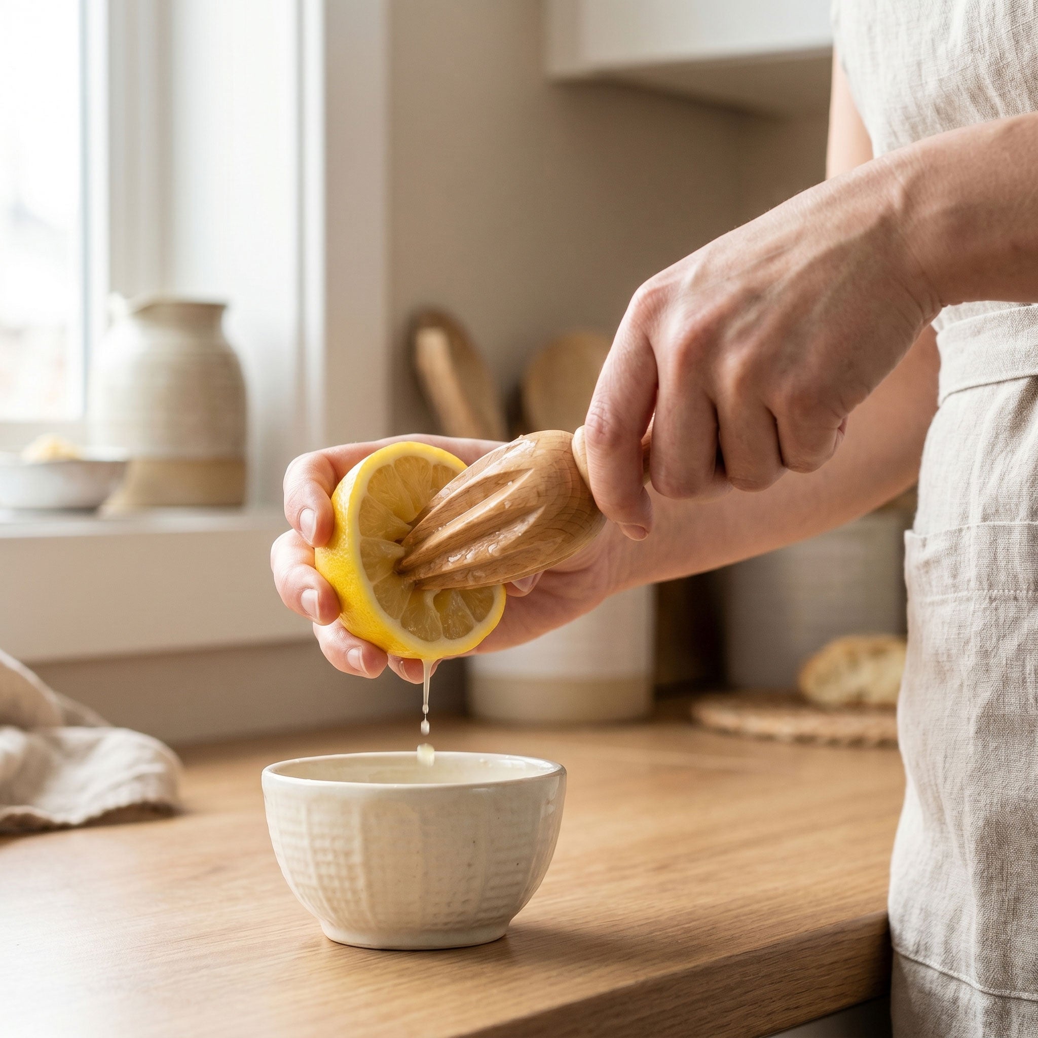 Hands using a wooden citrus reamer to squeeze a fresh lemon half over a small ceramic bowl