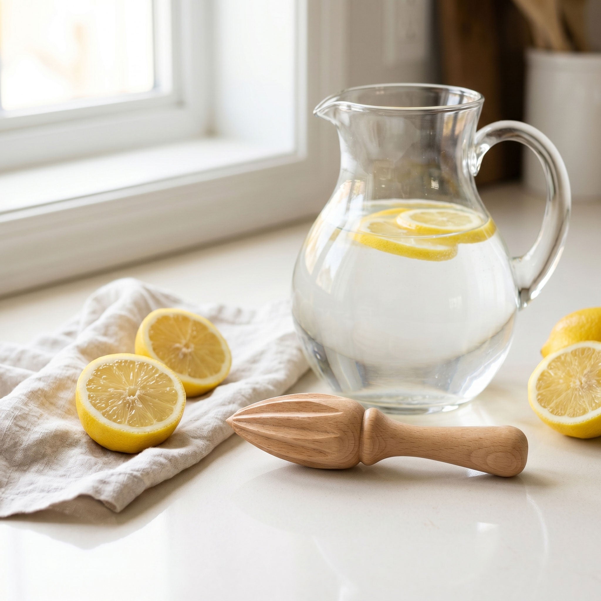 Beechwood lemon squeezer on a kitchen counter beside halved lemons and a glass pitcher of lemon water