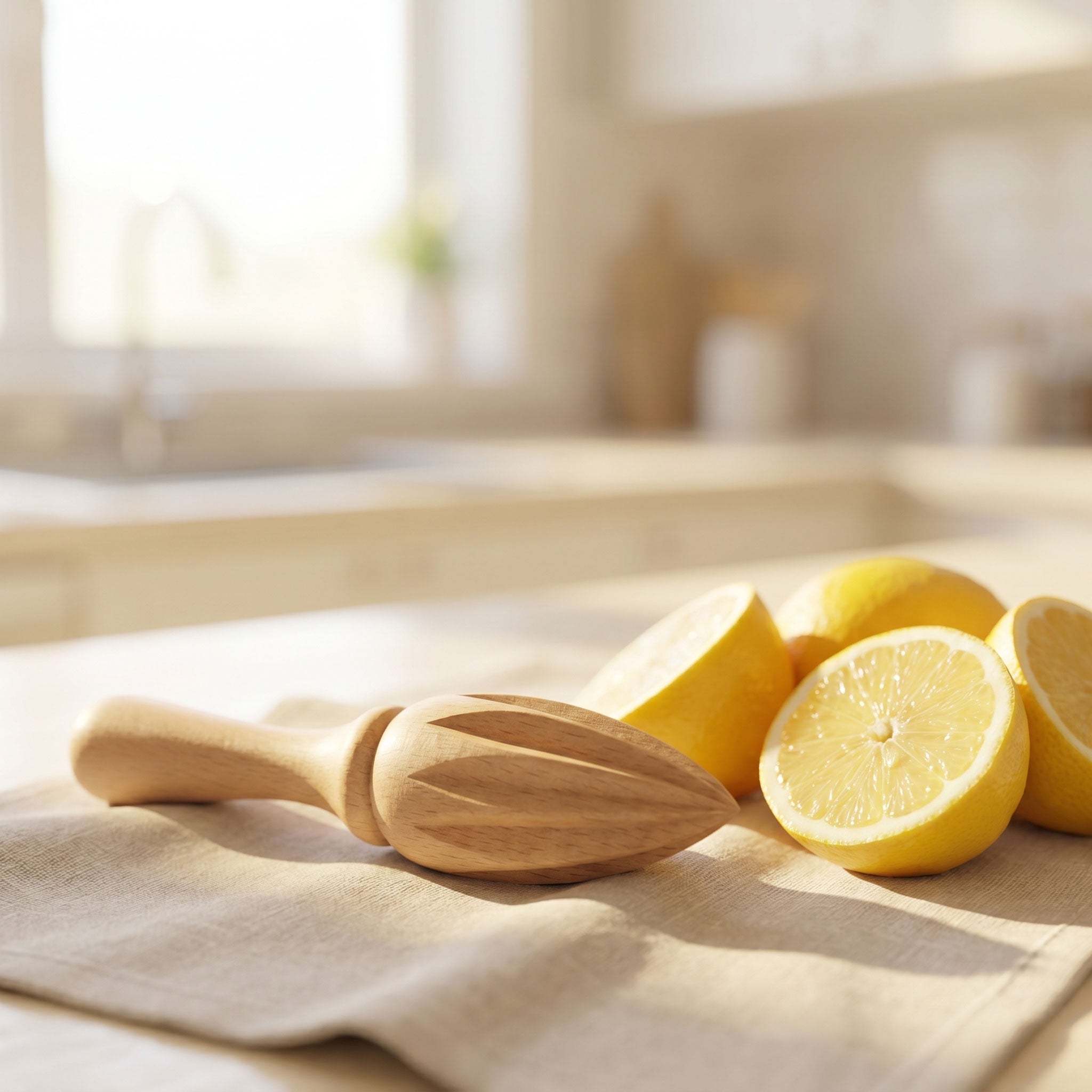Wooden lemon squeezer on a kitchen counter with lemons