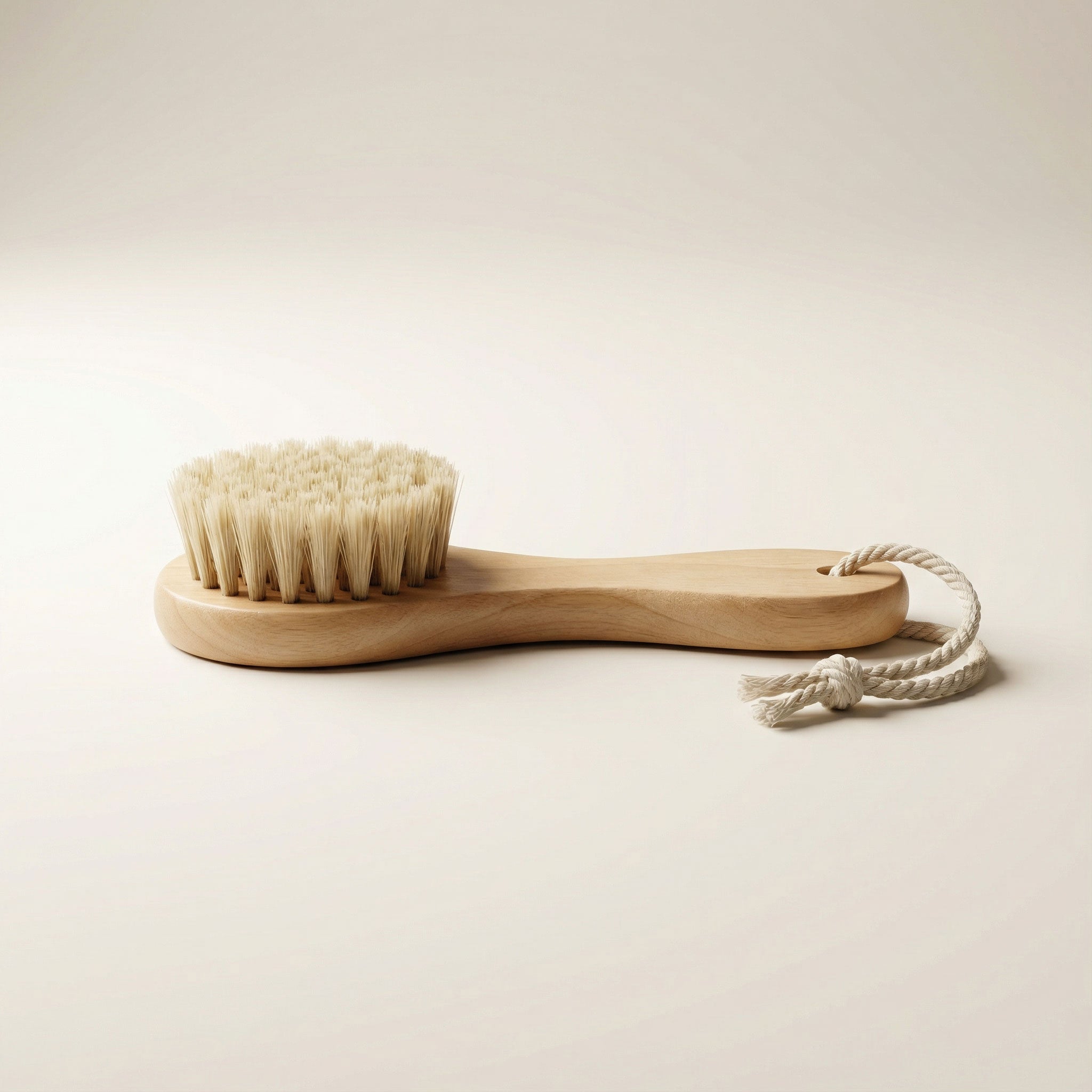 Wooden dry body brush with bristles on a beige background