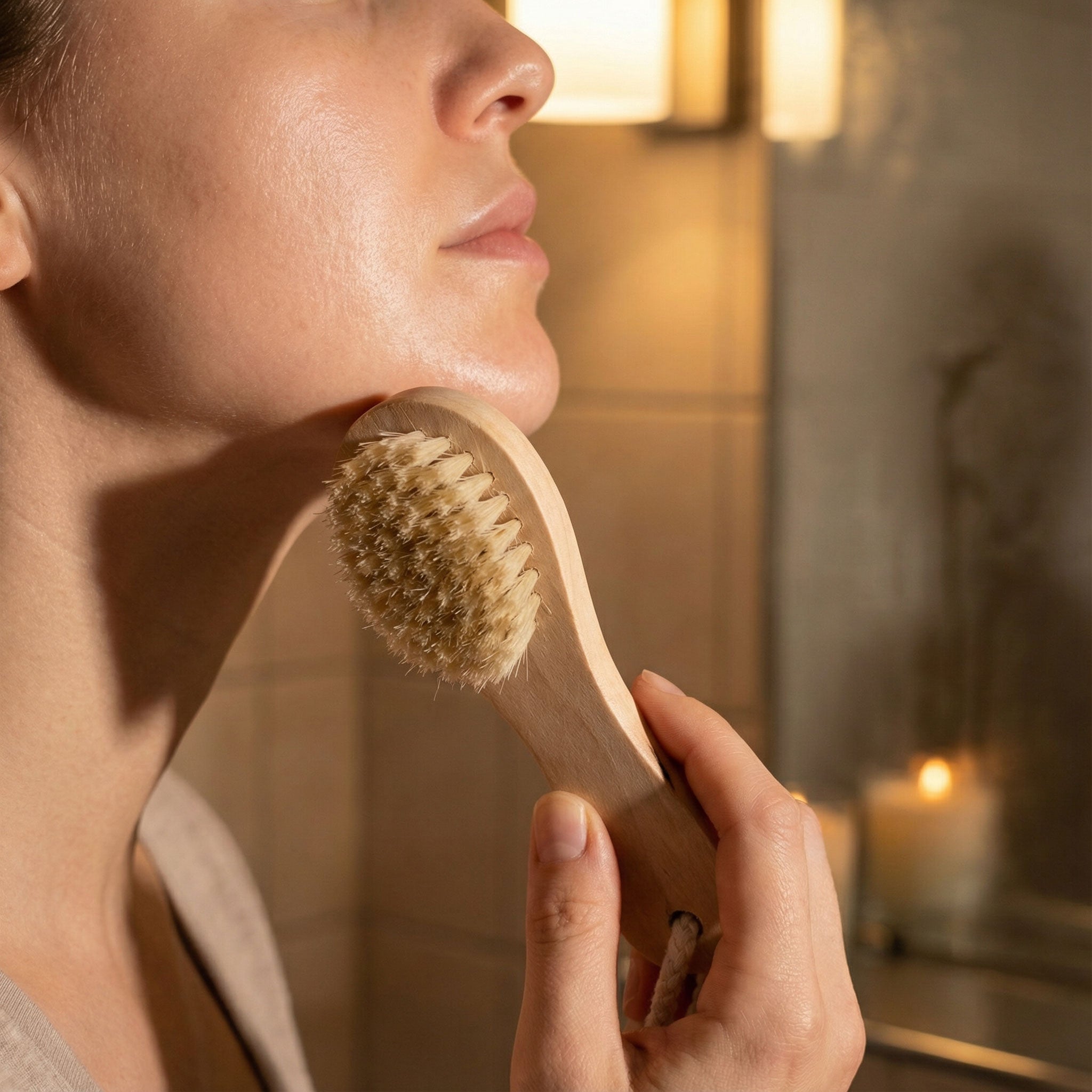 Woman dry brushing their neck and shoulder area with wooden boar bristle brush in warm candlelit bathroom for lymphatic drainage and circulation