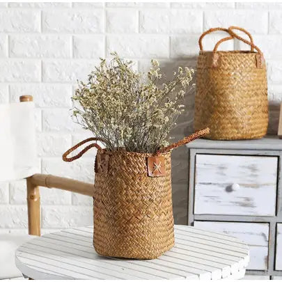 boho woven seagrass basket with handles