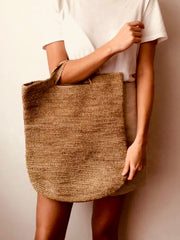 handmade natural raffia paper tote bag with top handles