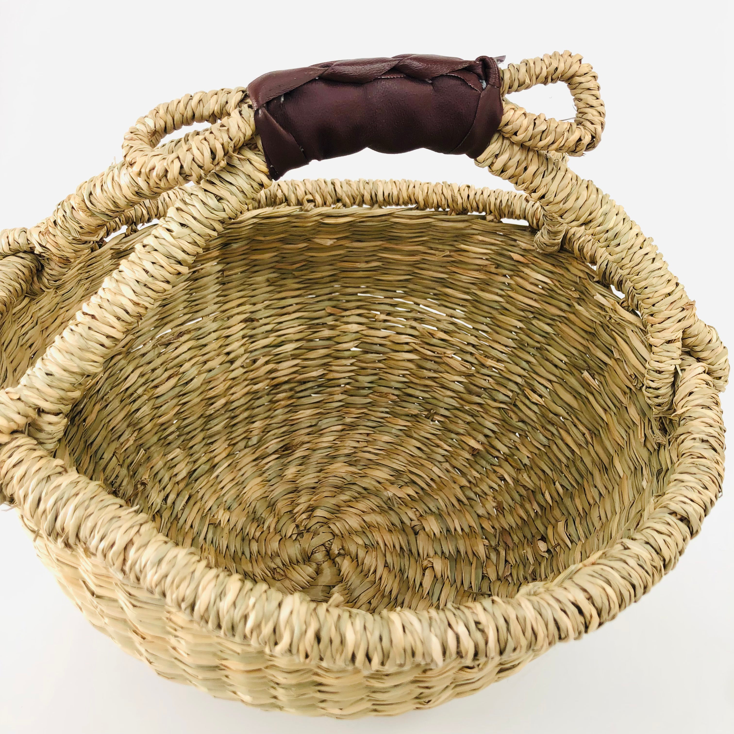 handwoven natural seagrass boho bolga basket