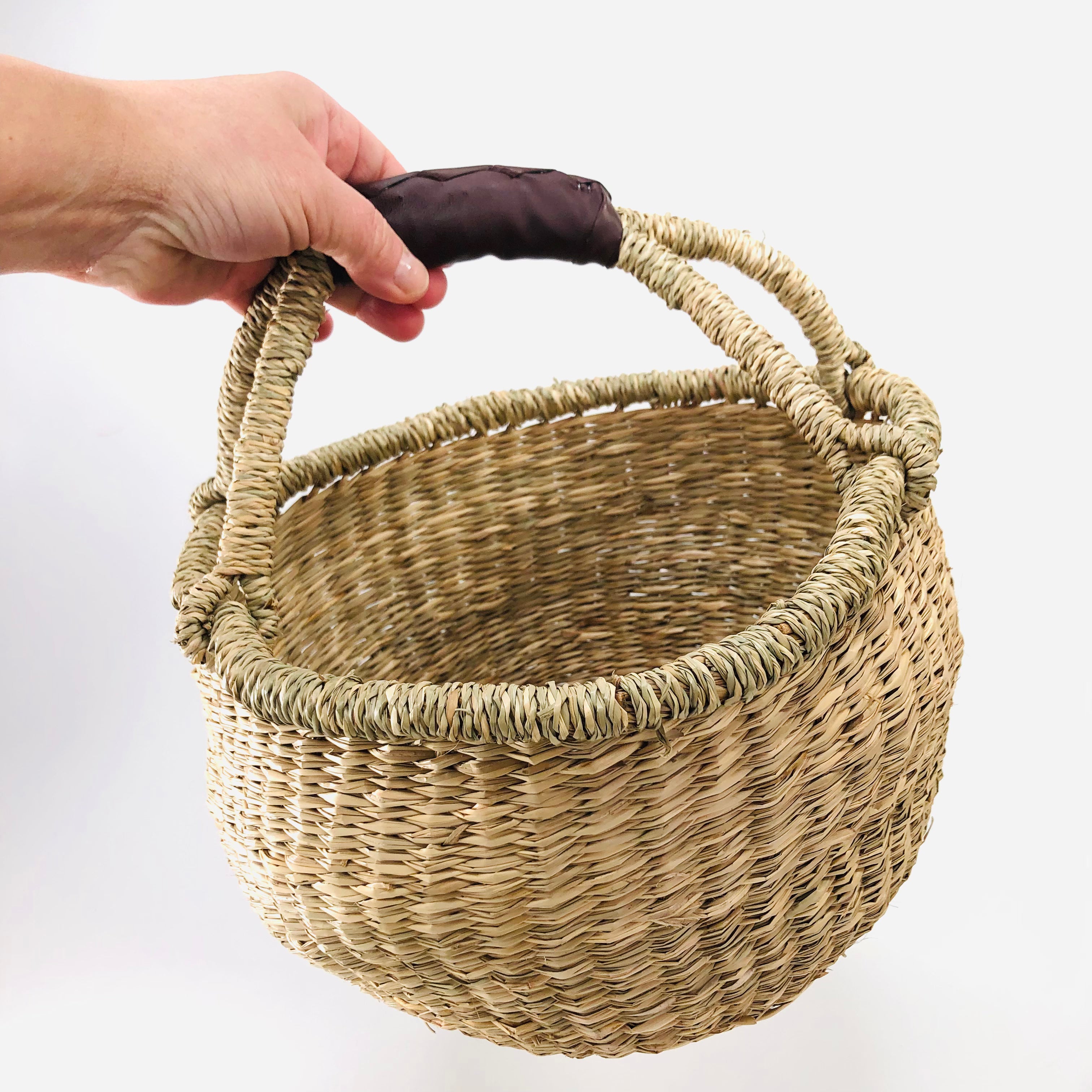 handwoven natural seagrass boho bolga basket