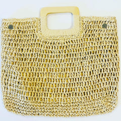 handwoven raffia paper tote with top wooden handles - o'ahu