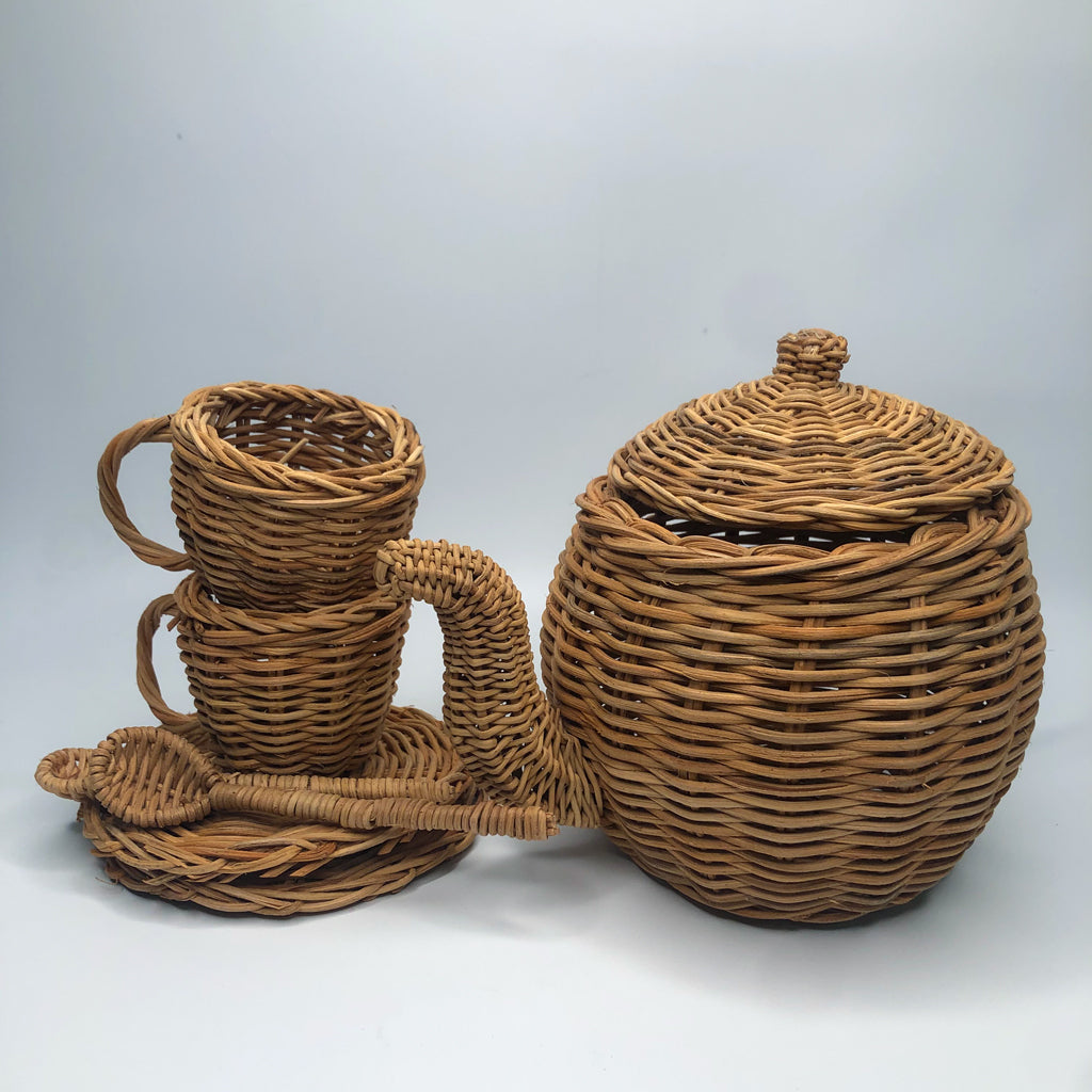 handmade rattan tea set - wicker wood toy set