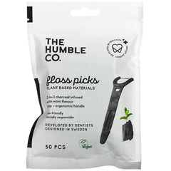 natural humble floss picks - grip handle - charcoal (50 pack)